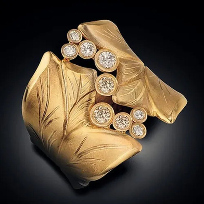 Exquisite Leaf Dew Drop Cubic Zirconia Ring Fashion Gold Plated Ring Unique Personality Women'S Ring Engagement Wedding Party Birthday Gift Anniversary Jewelry Size US 5-11