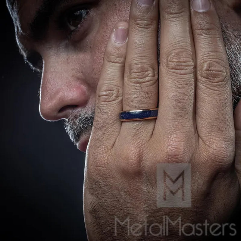 Blue Lapis Lazuli Tungsten Carbide Ring Rose Goldtone Wedding Band Black 6MM