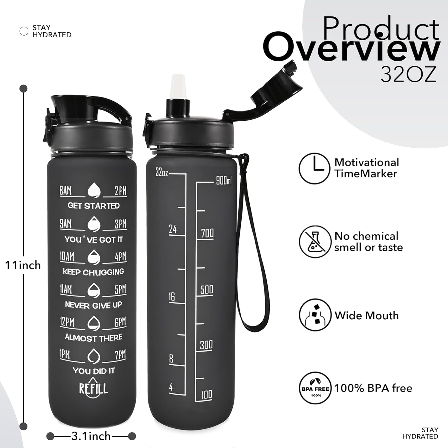 32 Oz Water Bottles with Straw & Strap, Motivational Water Bottles with Times to Drink, BPA Free Reusable Sports Water Bottle with Sleeve Carrier for Hiking, Travel, Running or Fitness