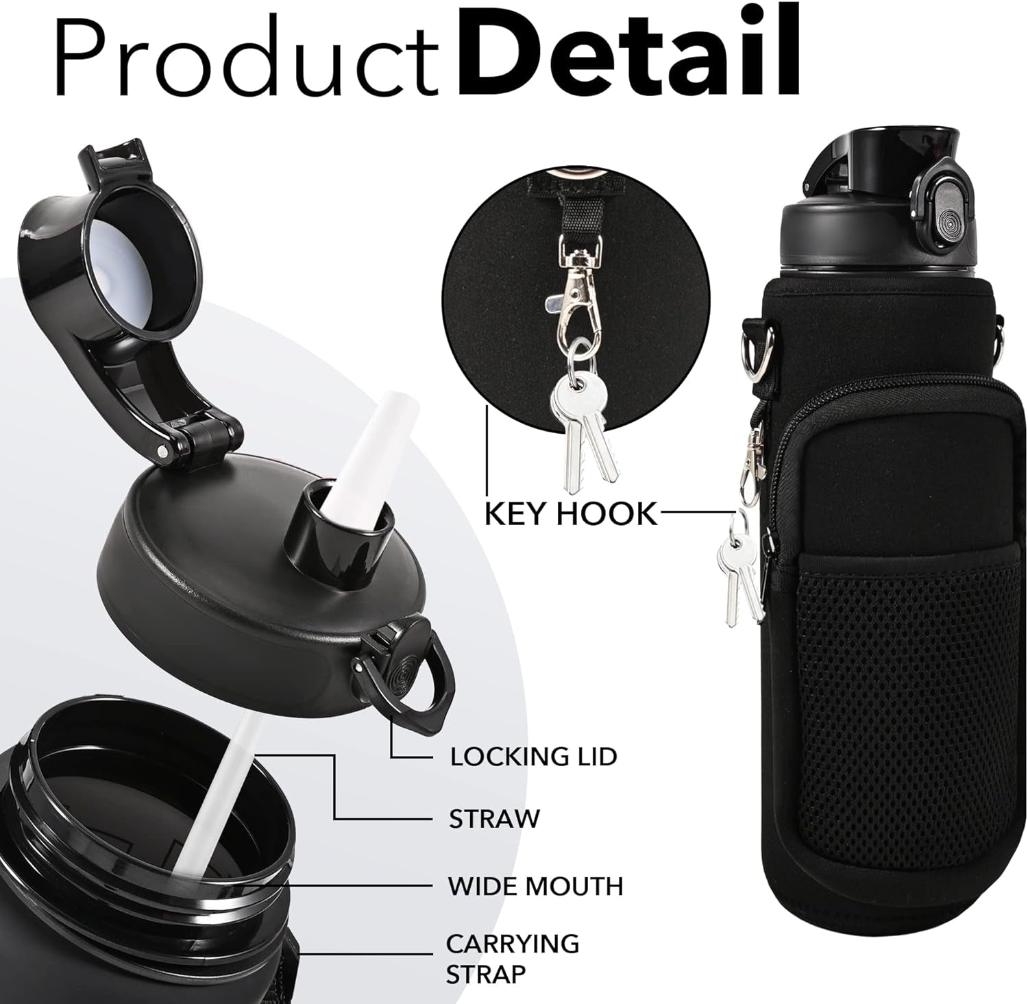 32 Oz Water Bottles with Straw & Strap, Motivational Water Bottles with Times to Drink, BPA Free Reusable Sports Water Bottle with Sleeve Carrier for Hiking, Travel, Running or Fitness