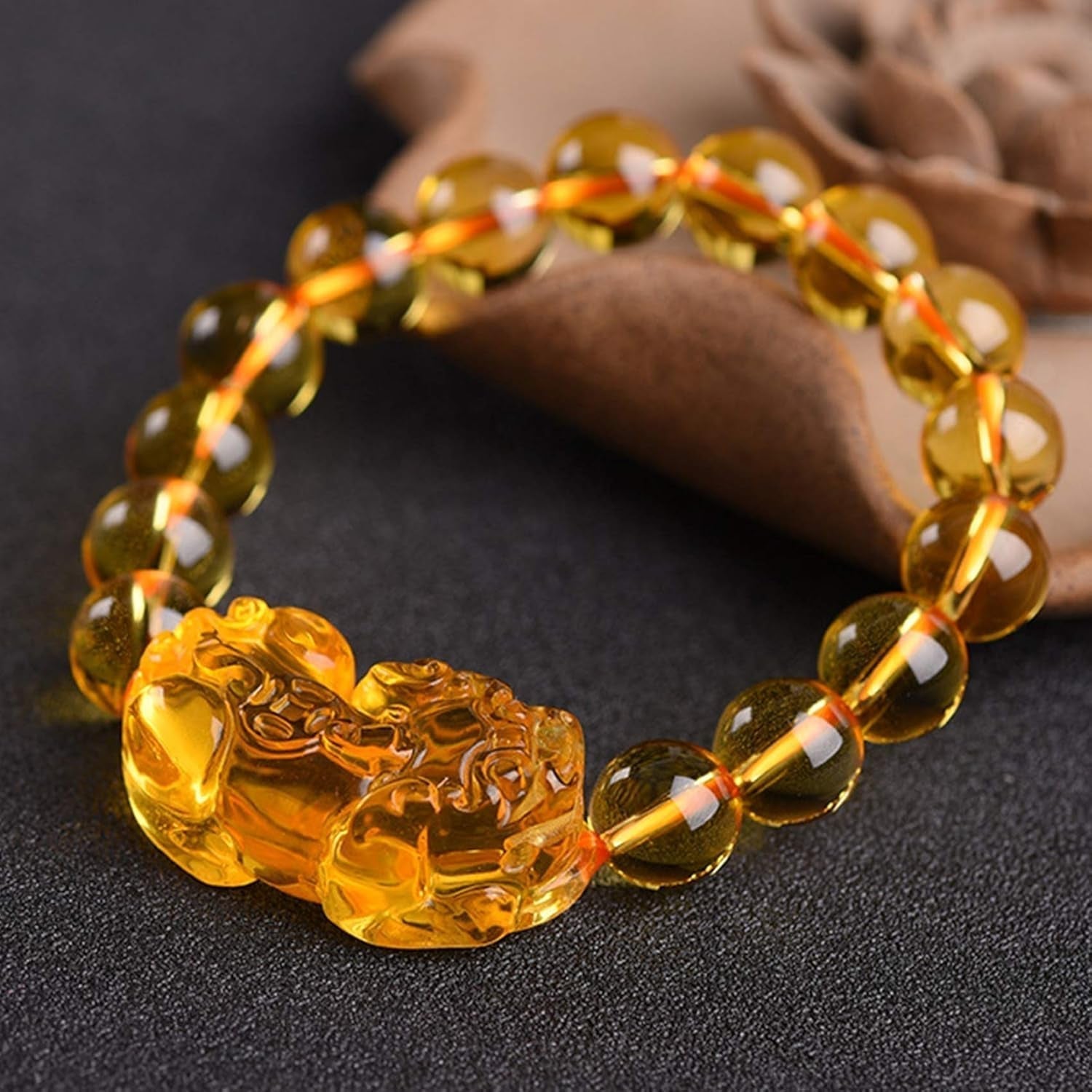 Feng Shui Yellow Quartz Pixiu Pi Yao Bracelet Wealth Crystal Bracelet Attracts Wealth Yellow Bracelet Ward off Evil Spirits Couple Bracelet Amulet,12Mm