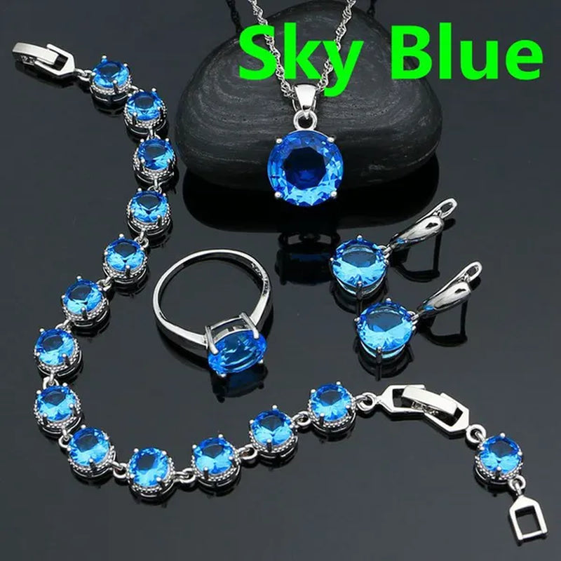 925 Sterling Silver Jewelry Set Olive Green Cubic Zirconia Retro Earrings Ring Pendant Necklace Bracelet 4Pcs for Bride