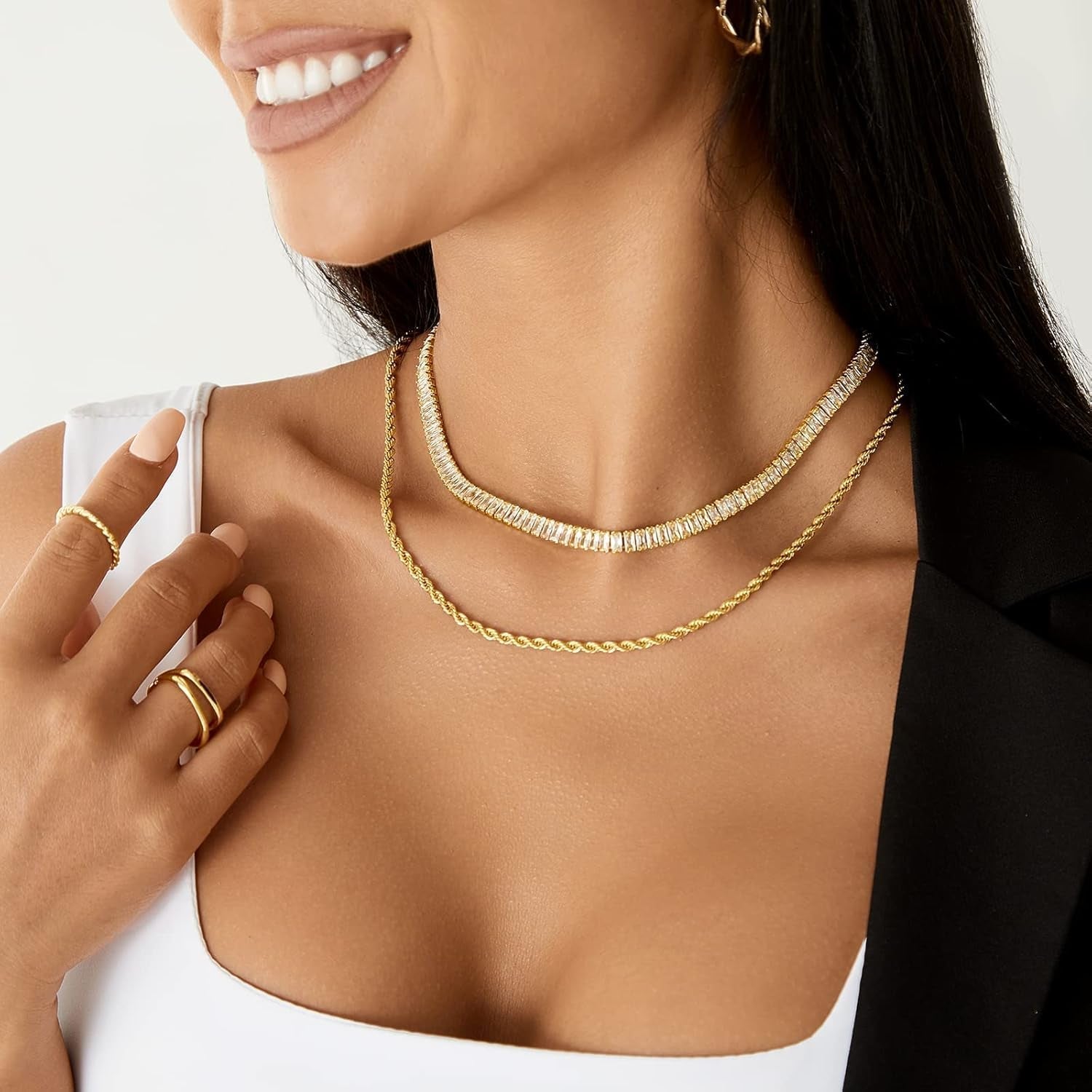 Diamond Tennis Necklace for Women, 14K/White Gold Plated Cubic Zirconia Baguette Tennis Chain Chunky Paperclip Link Cuban Choker Necklace Dainty Jewelry Gifts