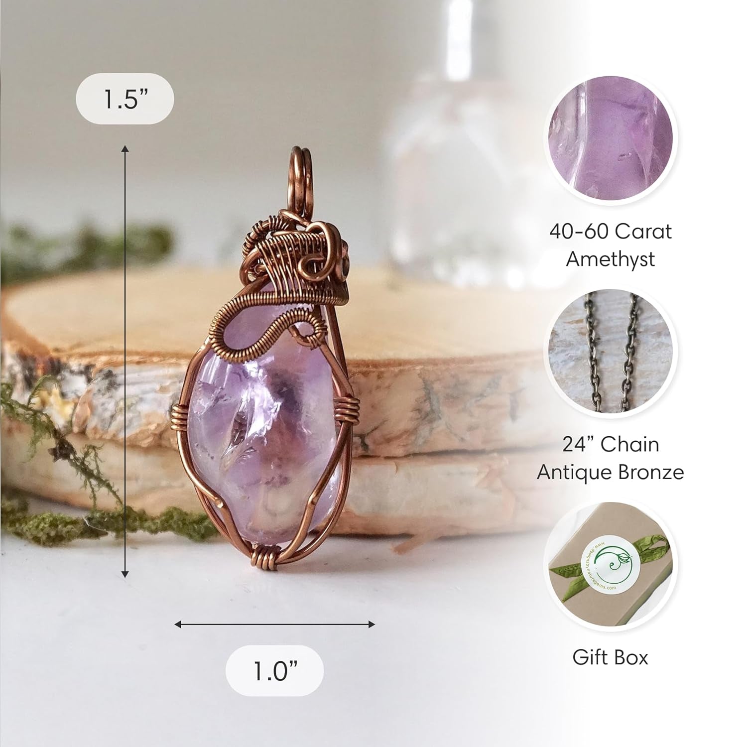 Natural Amethyst Necklace for Women - February Birthstone Necklace for Women - Designer Pendant Necklace - 40-60 Carat Amethyst, Antique Bronze Chain
