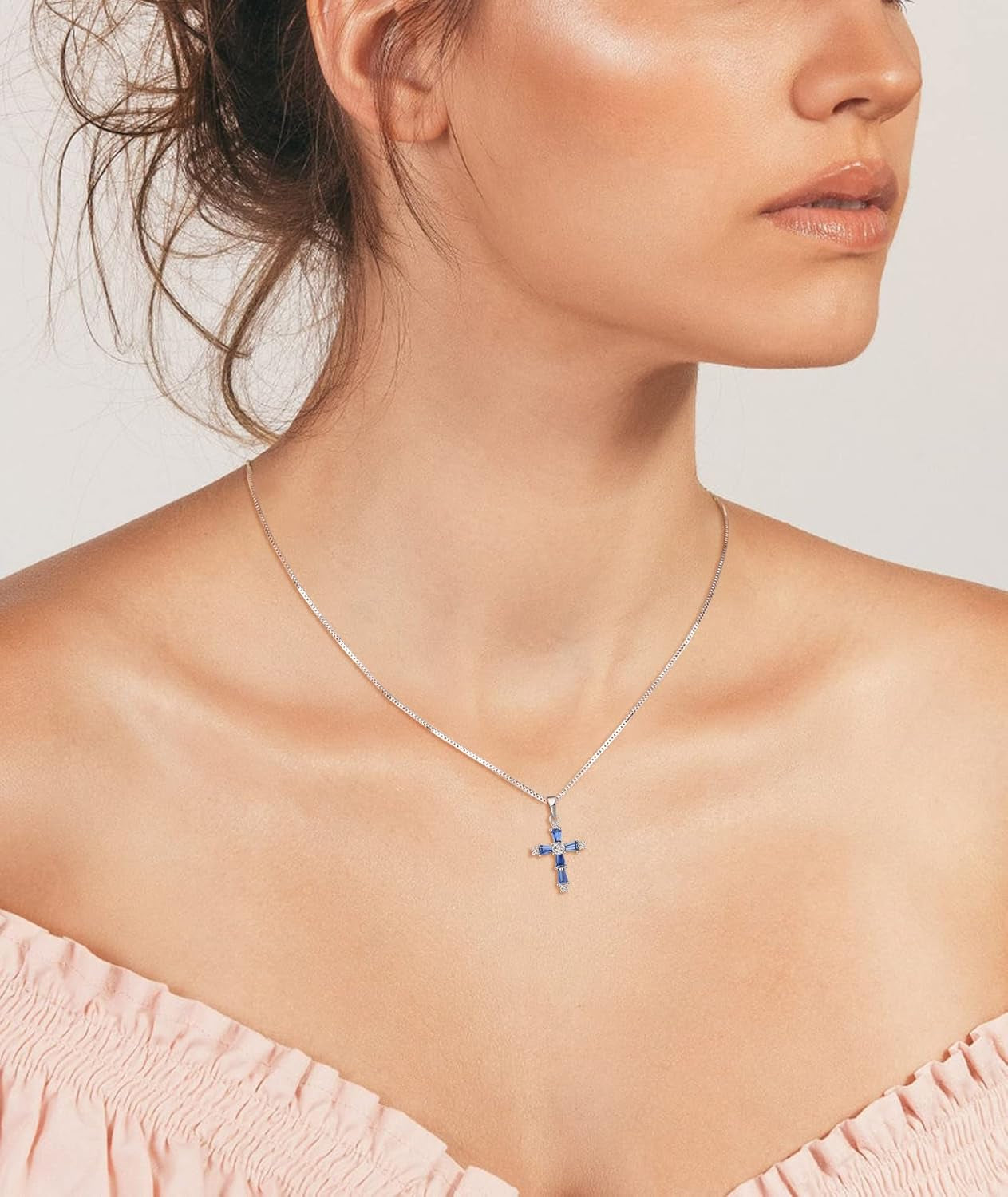 Women'S Cross Necklace Sterling Silver Criss Pendant Gemstones Christian Baptism Jewelry for Gift