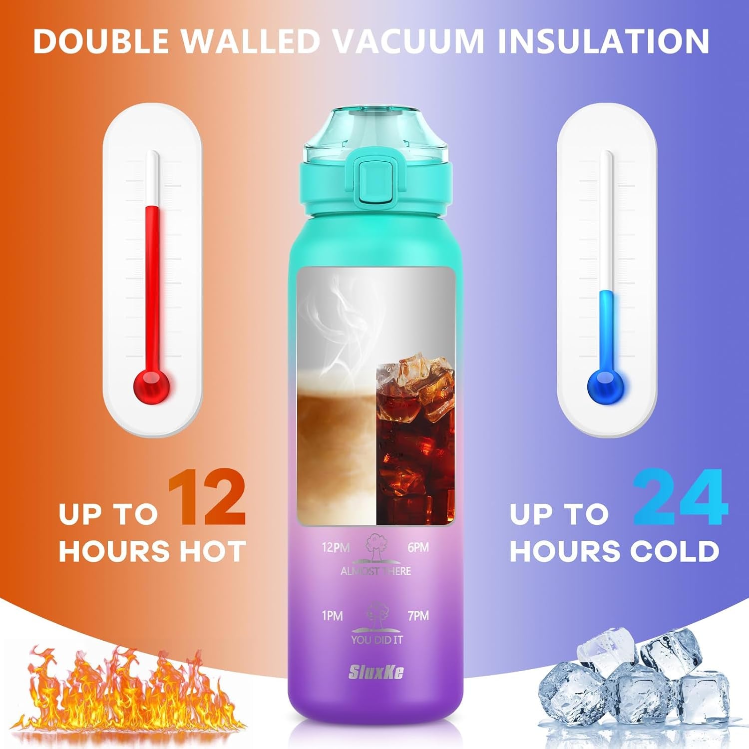 Insulated Water Bottle 32Oz with 2Lids,18/10 Stainless Steel 1000Ml Insulated Water Bottle Double Walled with Handle, Metal Canteen Keep Cold 48H Hot 24H for Men, Women & Kids