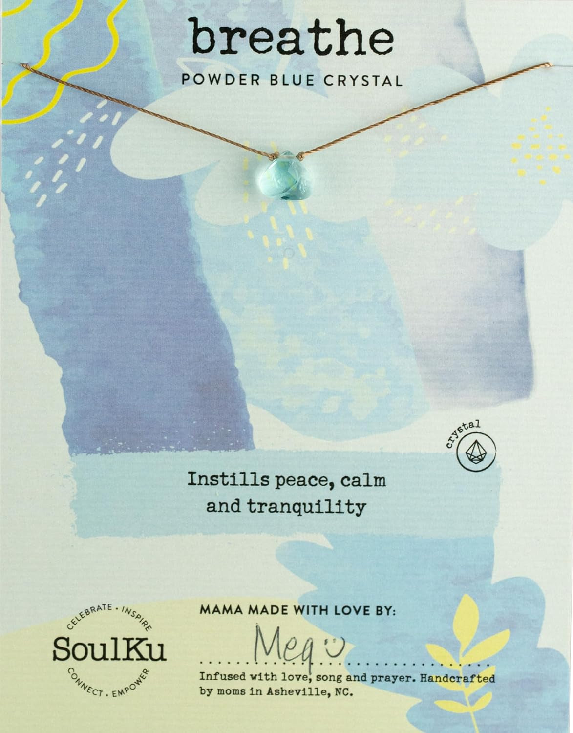 Soul Shine Handmade Necklace, Empowering Jewelry with Healing Crystal, Inspirational Gift for Woman or Girl, 2" Extender with Lobster Clasp, 16" Nylon Cord (Powder Blue, Breathe)