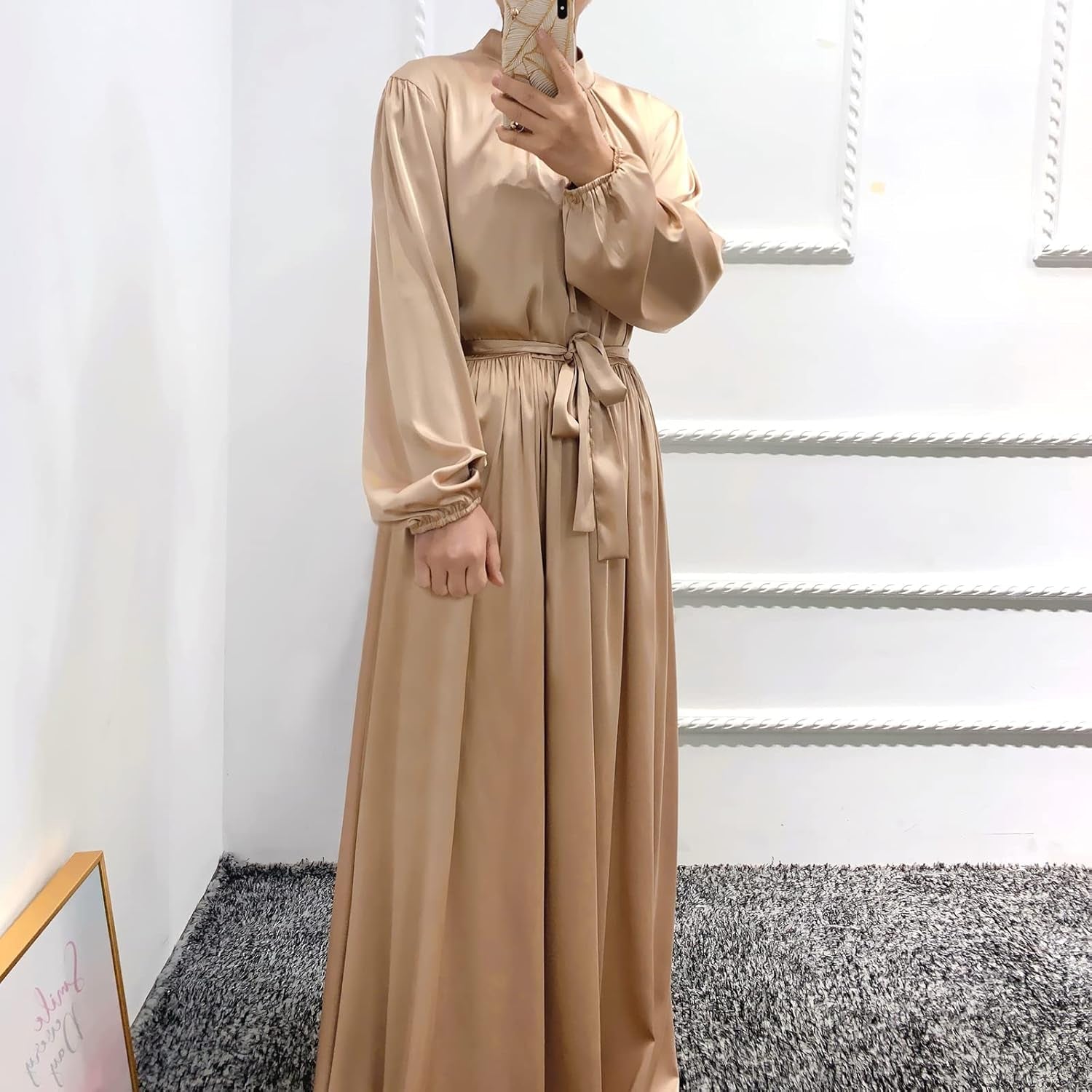 Women'S Muslim Kaftan Abaya Prayer Dress Long Sleeve Self Tie Maxi Dress Middle East Arabian Robe Gown