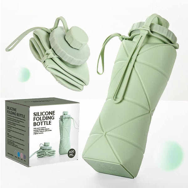 Collapsible Water Bottle, Silicone Foldable Water Bottles for Travel, Easy-To-Carry Design and Compact Size, BPA Free, 20 Oz (Green)