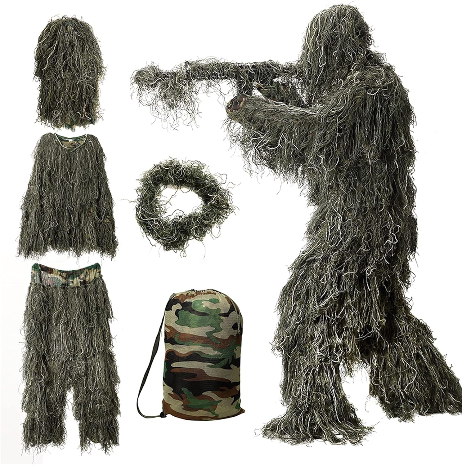 5 in 1 Ghillie Suit, 3D Camouflage Hunting Apparel W/Jacket, Pants, Hood, Carry Bag for Adults/Youth, S/M/L/XL/XXL