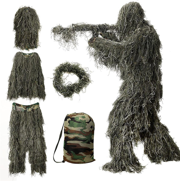 5 in 1 Ghillie Suit, 3D Camouflage Hunting Apparel W/Jacket, Pants, Hood, Carry Bag for Adults/Youth, S/M/L/XL/XXL