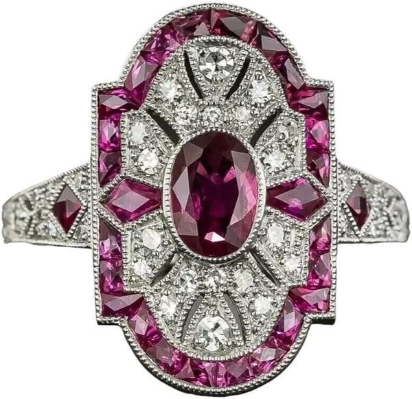Art Deco Vintage Oval Cut Ruby & Lab Created Diamond 925 Silver Engagement Ring