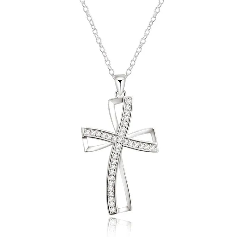 Pretty Women's 925 Sterling Silver Elegant Cross Pendant Diamonds Necklace(with Chain)