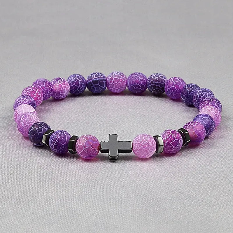 Hot Men Natural Tiger Eye Beads Hematite Cross Bracelets Onyx Meditation Prayer Bead Bracelet Women Stone Yoga Jewelry Homme