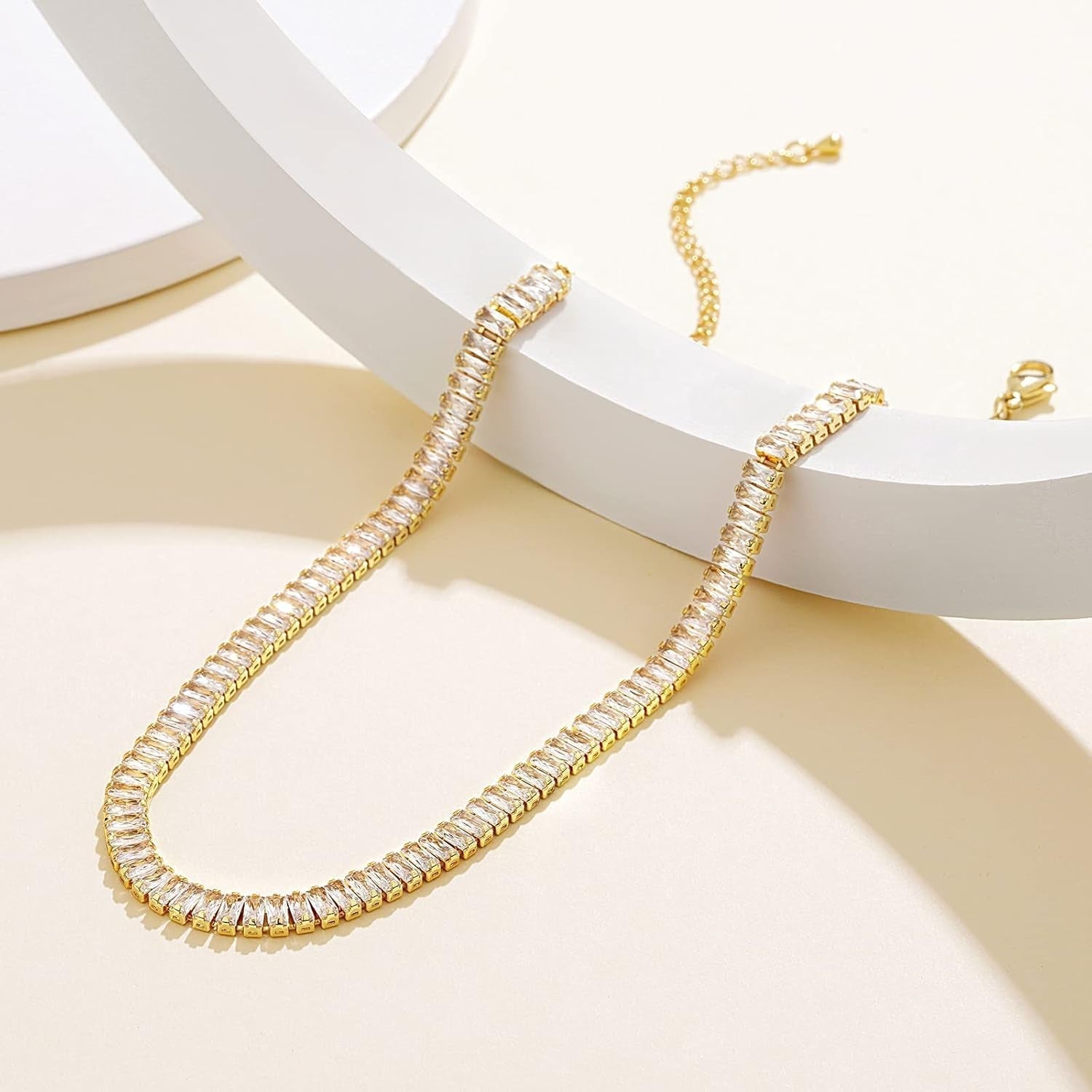 Diamond Tennis Necklace for Women, 14K/White Gold Plated Cubic Zirconia Baguette Tennis Chain Chunky Paperclip Link Cuban Choker Necklace Dainty Jewelry Gifts