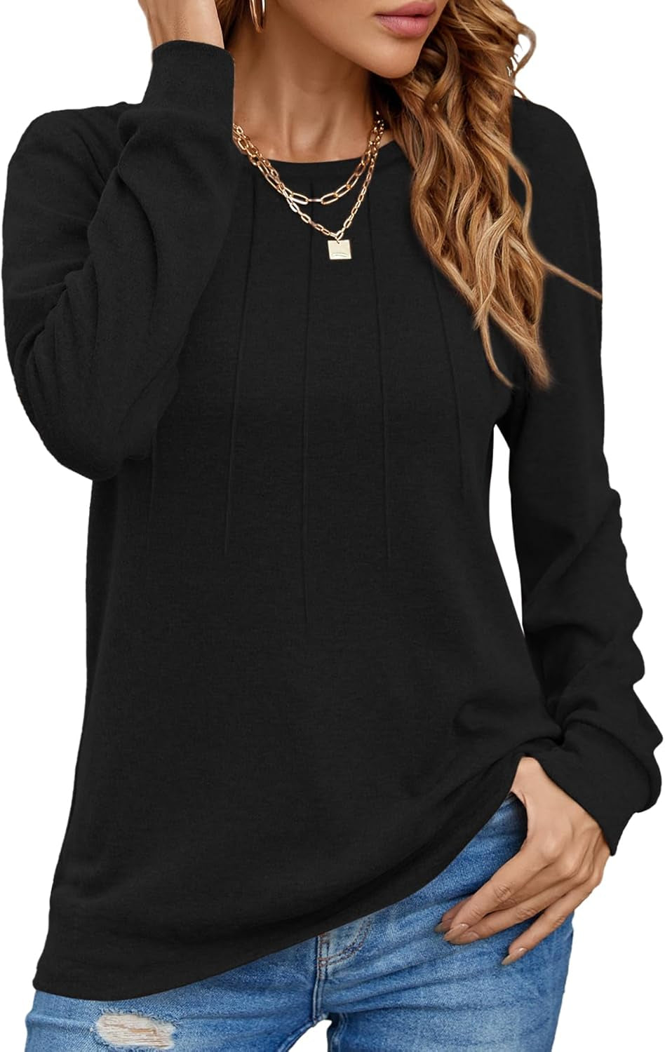 Women Long Sleeve Shirts Casual Tops Dressy Blouses Fashion Pleated Tunic
