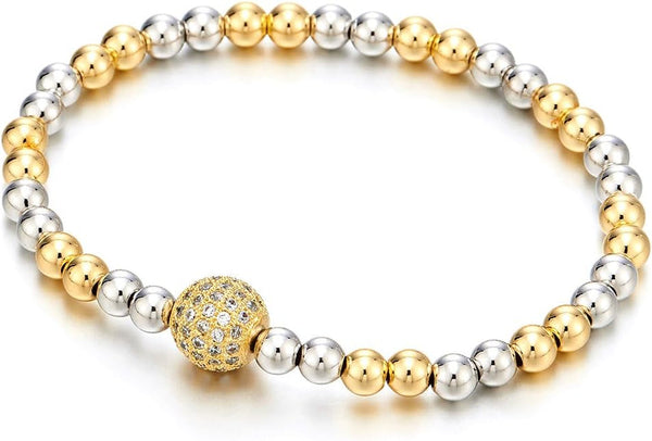 Beautiful Gold Silver Two-Tone Beads Bracelet for Women with Cubic Zirconia Ball