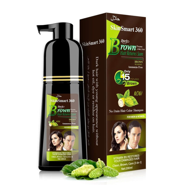 No-Stain Hair Dye Shampoo for Men & Women, Natural Ingredients, Ammonia-Free, up to 100% Gray Coverage, Easy No-Mix Application, 200 Ml, Pack of 1 (Dark Brown)