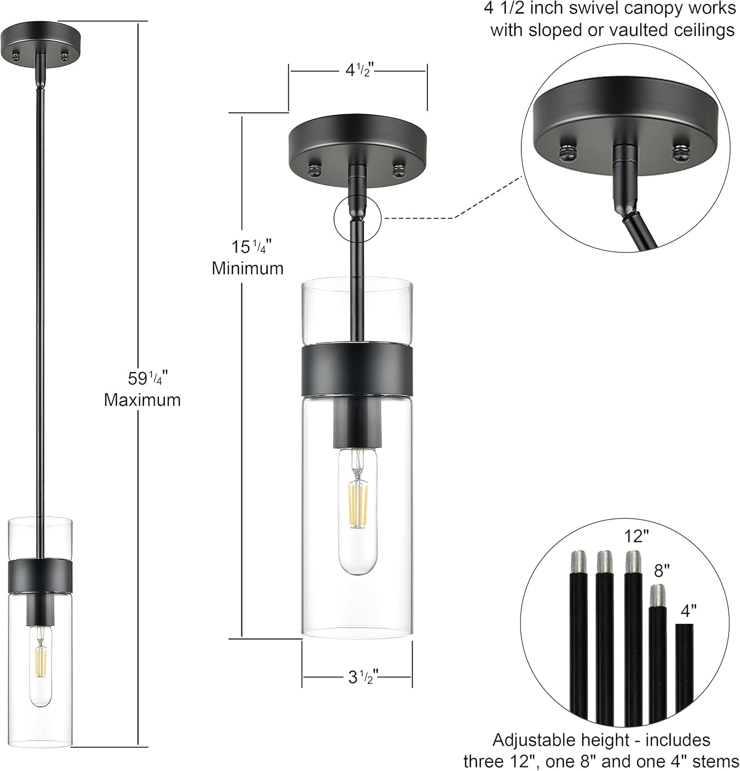 Burlington Modern Black Pendant Light Fixtures over Kitchen Island - Sink Lighting - Ceiling Hanging Metal Industrial Pendant Lighting with Clear Glass Shade