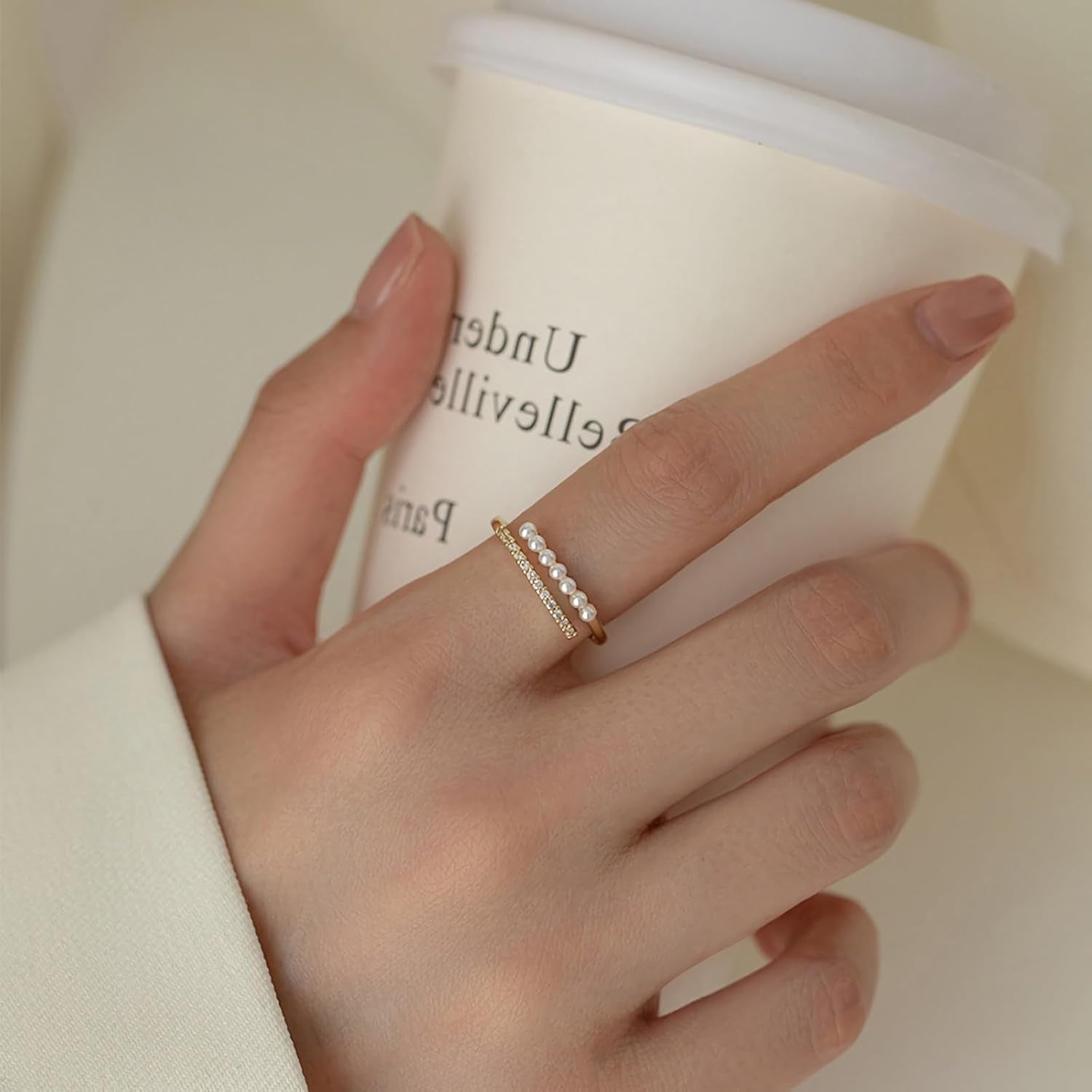 Pearl Rings for Women Dainty 925 Sterling Silver Gold Pearl Ring Stackable CZ Adjustable Open Wrap Ring Fashion Statement Wedding Band Ring Jewelry Birthday Summer Ocean Gifts for Her