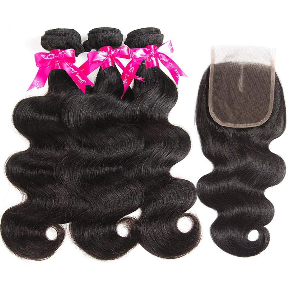 Beauty Princess Body Wave Human Hair 3 Bundles with Closure Double Weft 10A Brazilian Hair Bundles with Closure (14/16/18+12Inch, 3 Bundles with Closure)