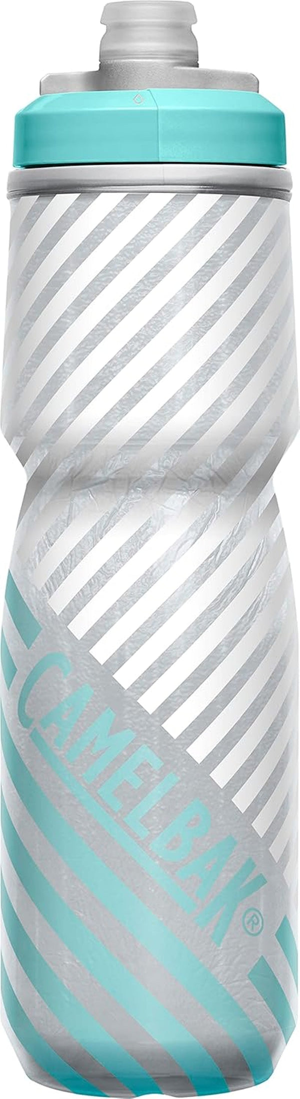 Podium Chill Insulated Bike Water Bottle - Easy Squeeze Bottle - Fits Most Bike Cages - 24Oz, Grey/Teal Stripe