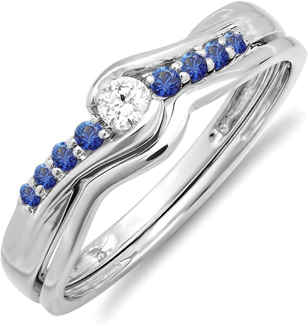 round Blue Sapphire and White Diamond Womens Bridal Promise Engagement Wedding Band Set, 10K Solid White Gold