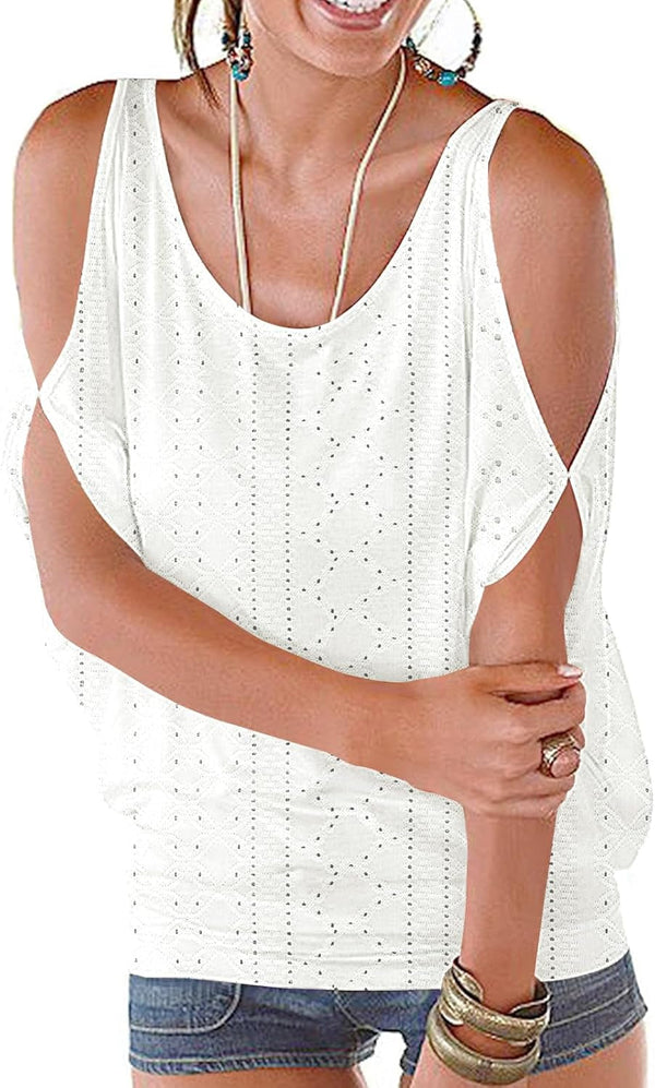 Women Cold Shoulder O-Neck Short Sleeve Loose Fit Summer Shirt Blouse Tops