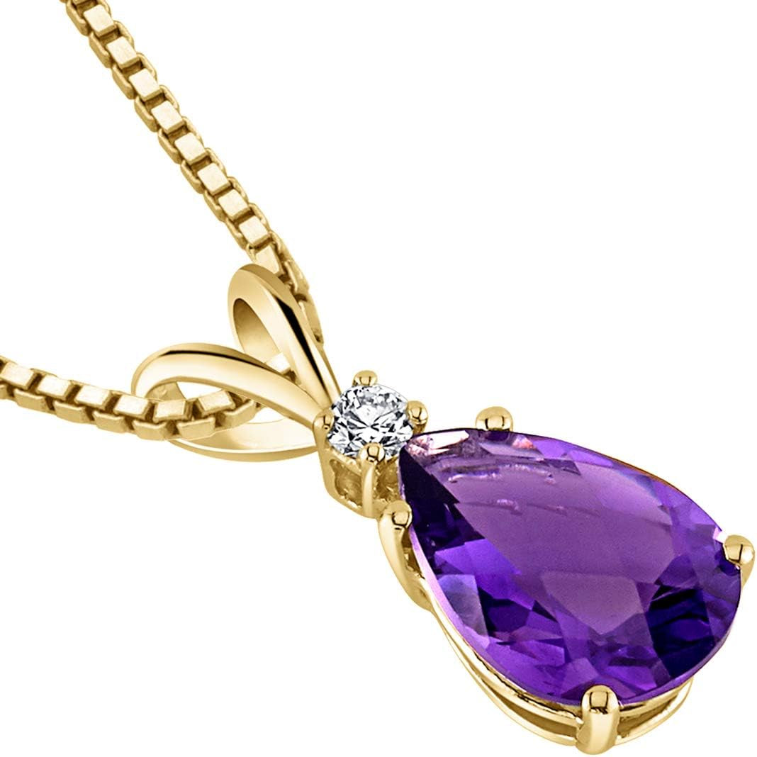 Solid 14K Yellow Gold Amethyst with Diamond Pendant for Women, Genuine Gemstone Teardrop Solitaire, 1.60 Carats Total, Pear Shape, 10X7Mm, Real Amethyst Necklace, February Birthstone Necklace