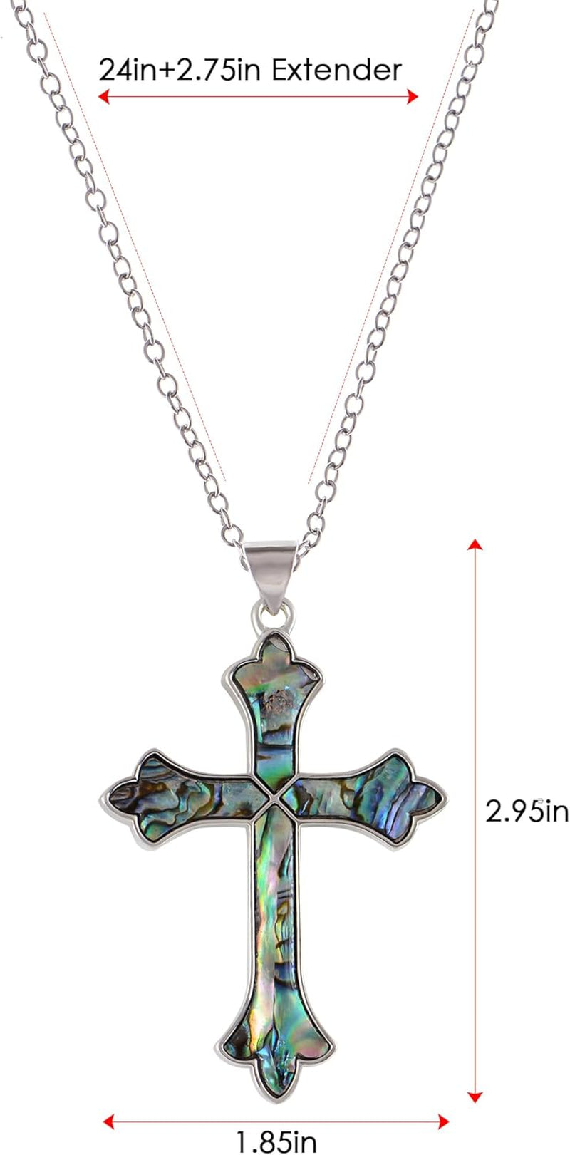 Vintage Inspired Silvery Tone Abalone Shell Religious Cross Pendant Necklace