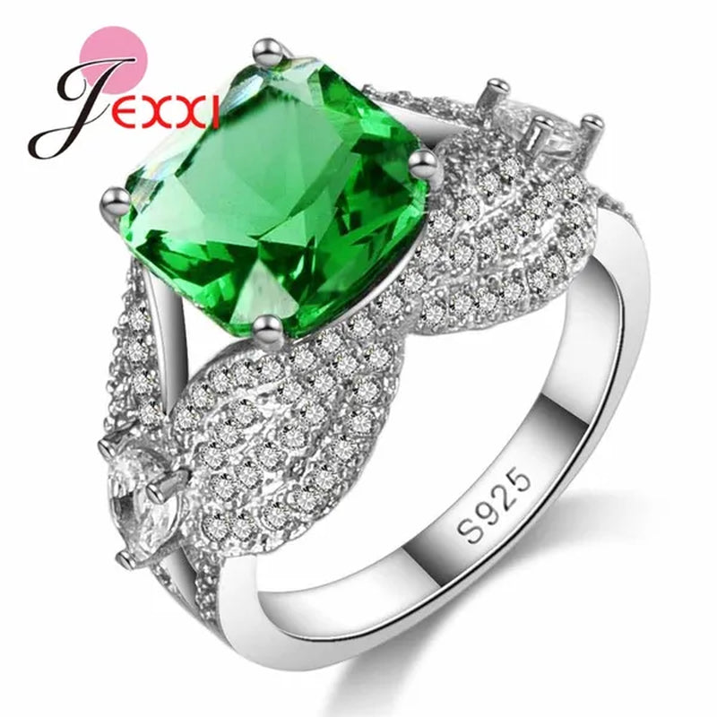 New Arrival Square Green Crystal Wedding Engagement Ring with Clear Cubic Zirconia Women 925 Sterling Silver Party Rings