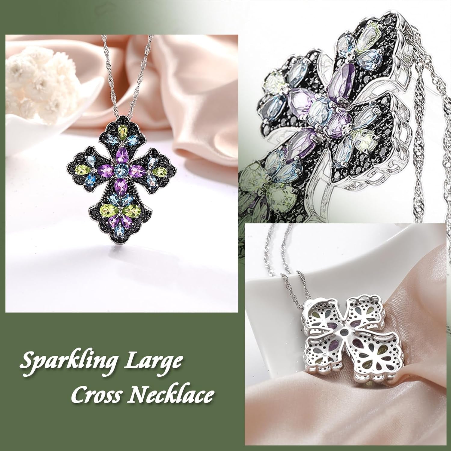 Women'S Stunning Colorful Diamond Cross Pendant Sterling Silver Chain Gemstone Cross Necklaces 18", Various Styles