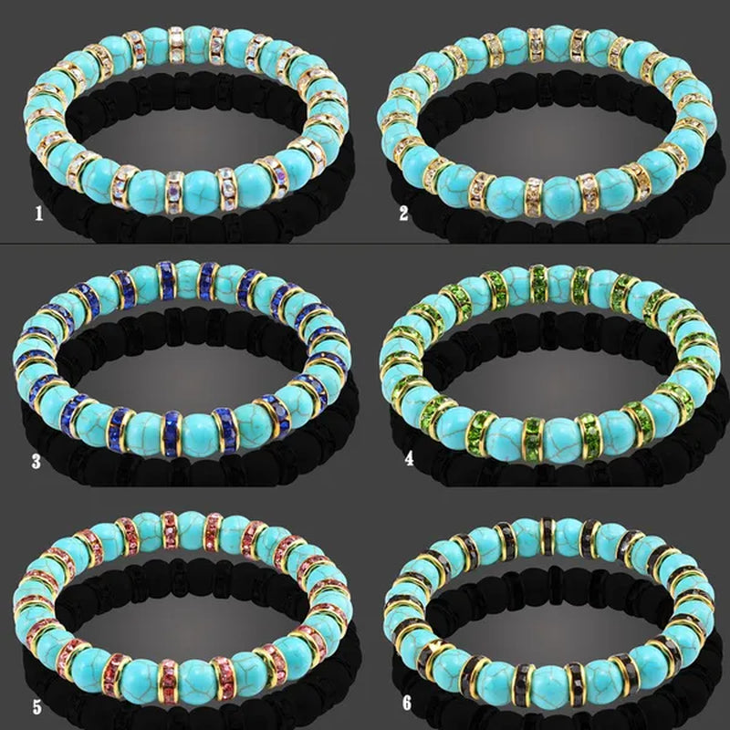 Blue turquoise and green point hand natural Vintage bracelet rhinestone rope men's and women's elastic casual bracelet prayer yoga pendant jewelry