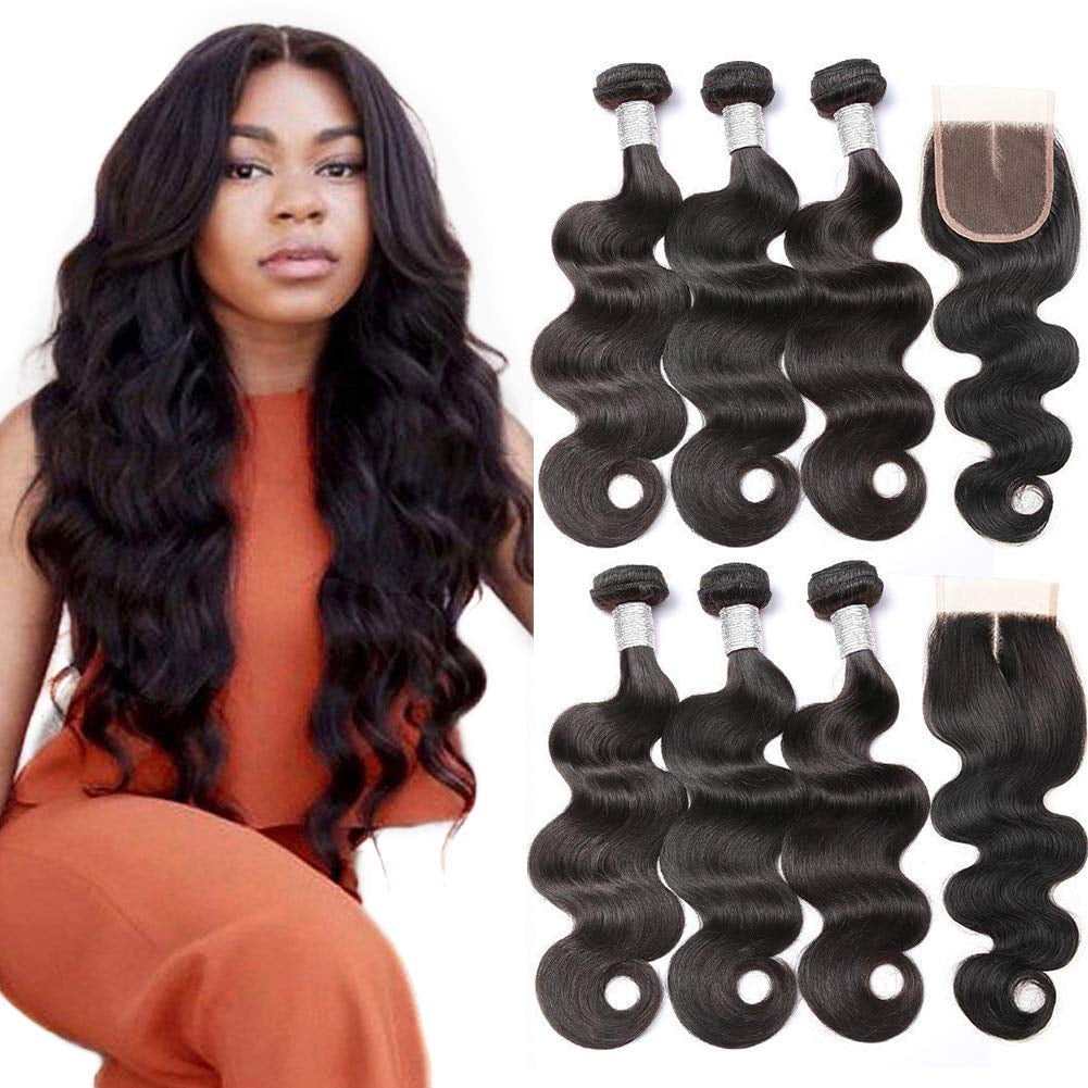 Beauty Princess Body Wave Human Hair 3 Bundles with Closure Double Weft 10A Brazilian Hair Bundles with Closure (14/16/18+12Inch, 3 Bundles with Closure)