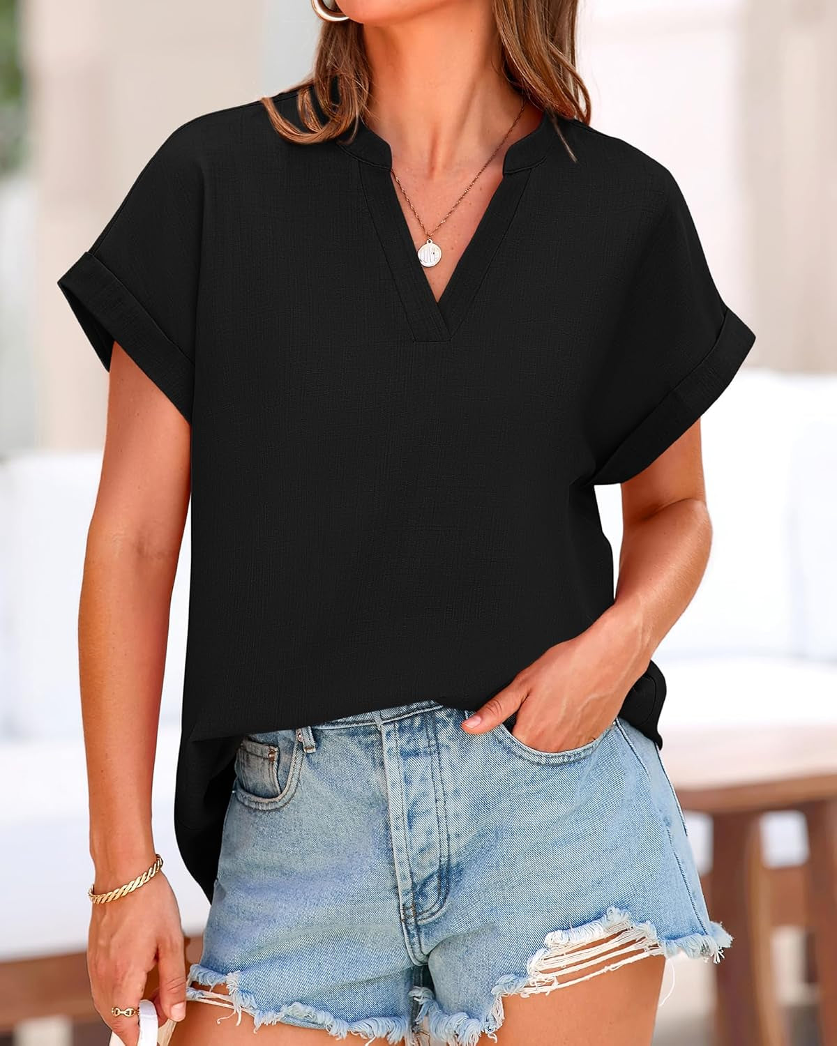 Womens Summer Tops 2025 V Neck Short Sleeve Tshirt Loose Flowy Tunics Solid Color Dressy Casual Blouse Shirts