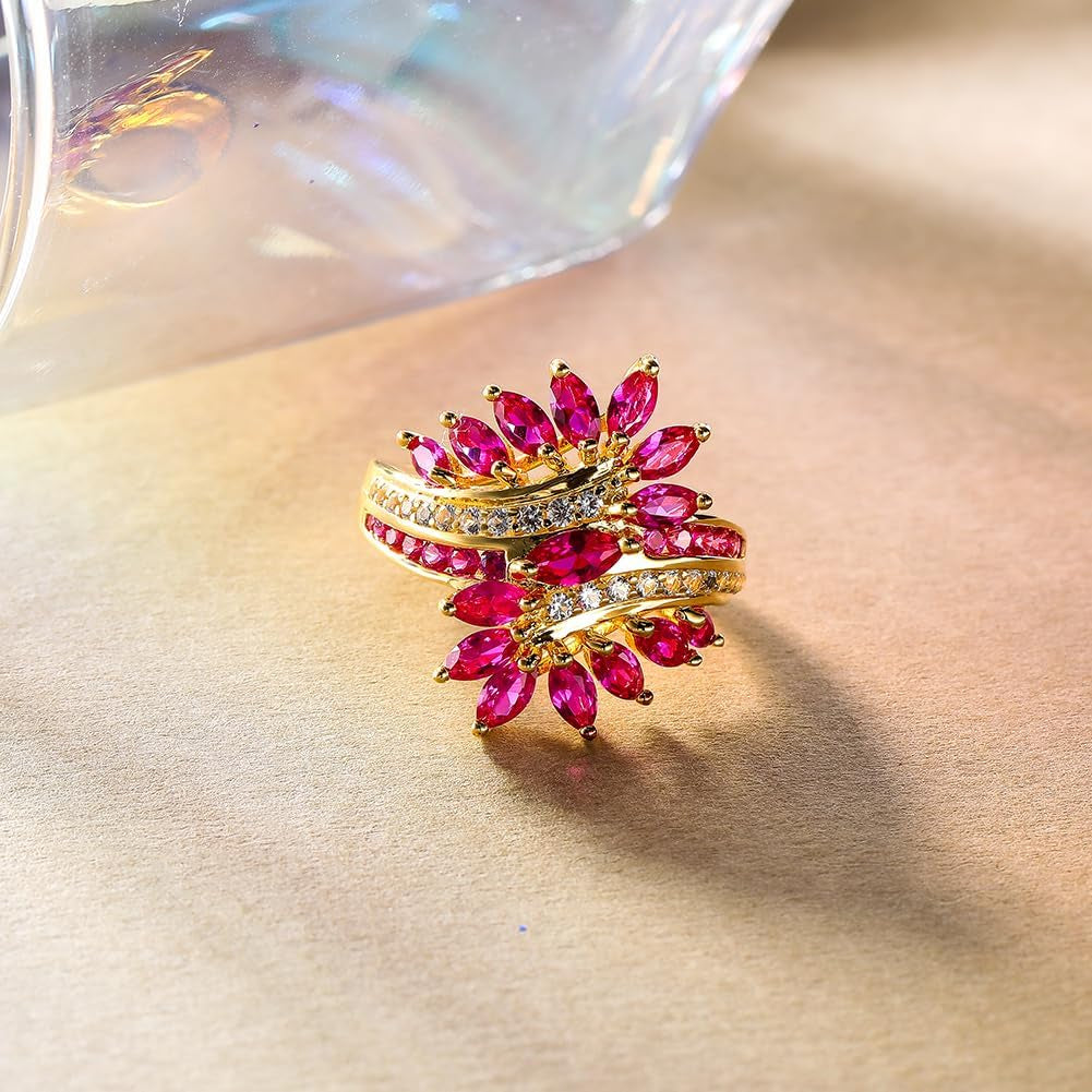 Statement Flower Ring, 14K Gold Plated, Size 6 to 10, Pink, Yellow, Green Leaf Stones, Opal, Sapphire, Ruby, Emerald, Sterling Silver, Cocktail, Engagement, Promise, Party Ring for Women