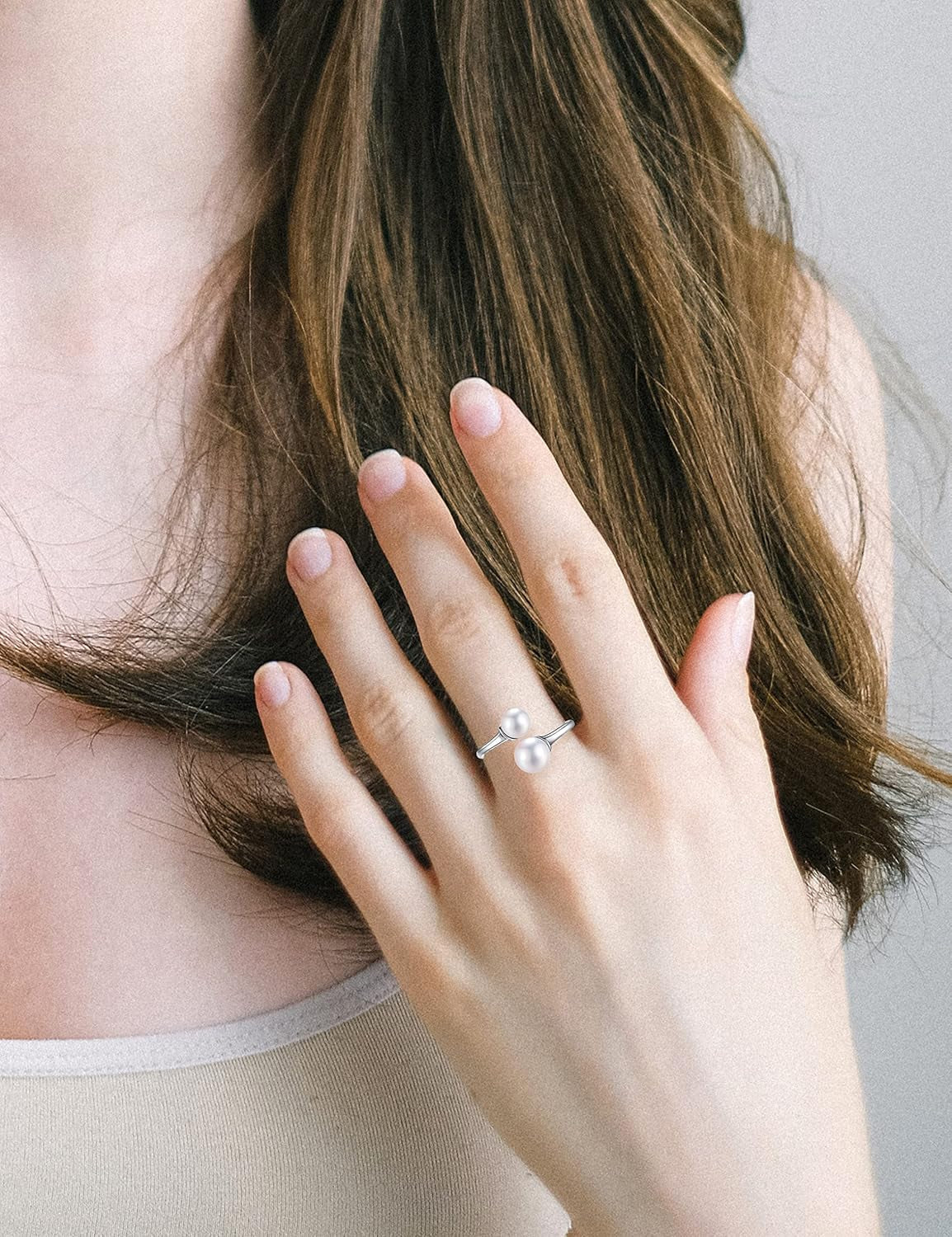 2 Pearl Ring Sterling Silver Double Pearls Rings for Women 925 Adjustable Open June Birthstone Rings for Teen Girls with Real round Genuine Freshwater Cultured Stackable