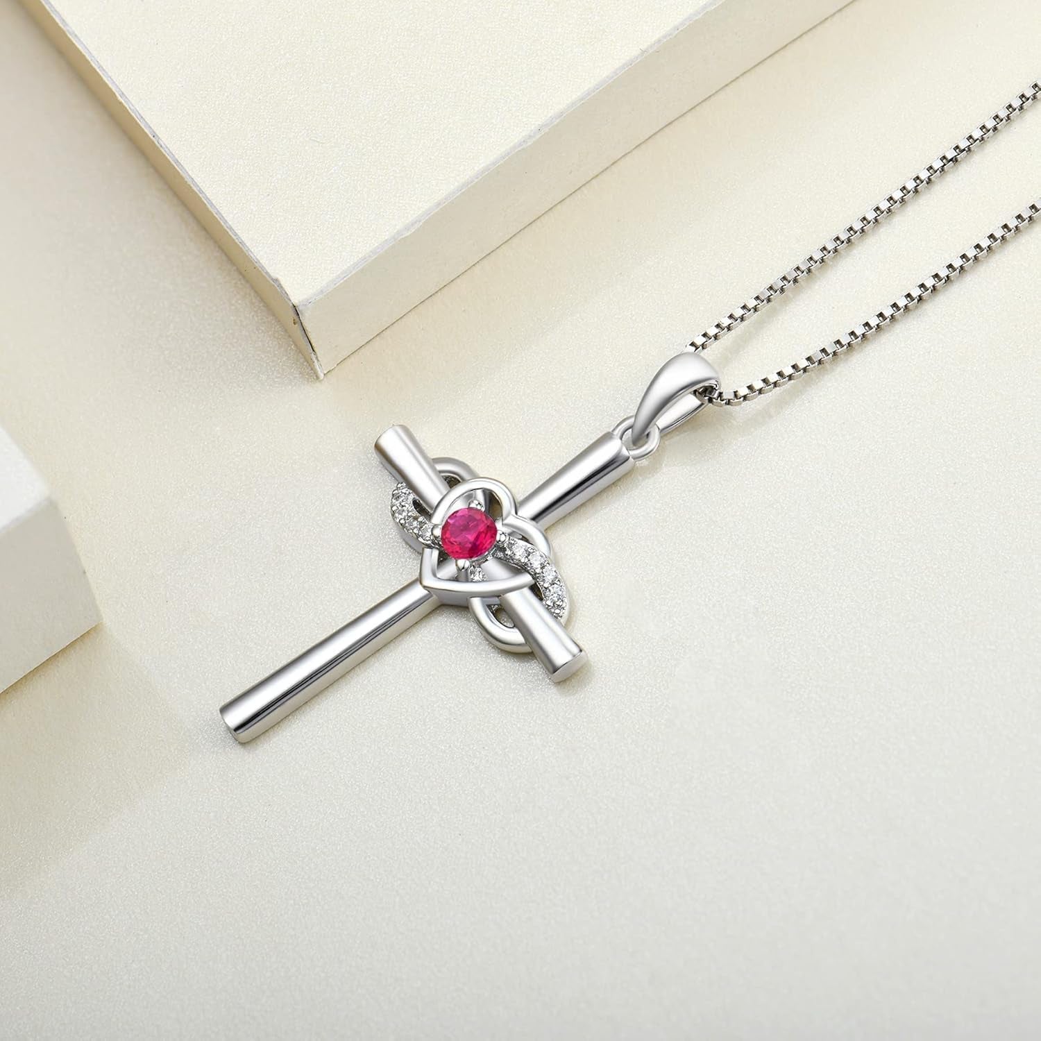 Women'S Cross Necklace Sterling Silver Infinity Heart Crucifix Pendant Birthstone Criss Jewelry
