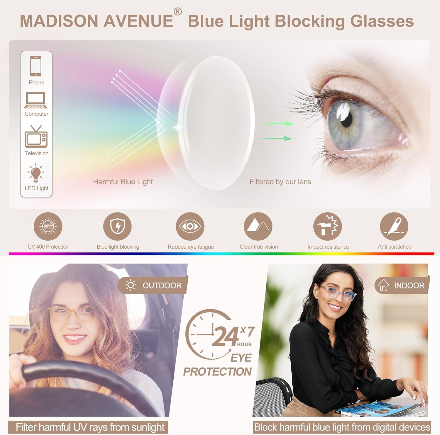 Blue Light Blocking Glasses Anti Eyestrain UV Glare Blue Light Glasses for Women with Case, TV Phone Computer Gaming Eyeglasses (Coffee Brown)