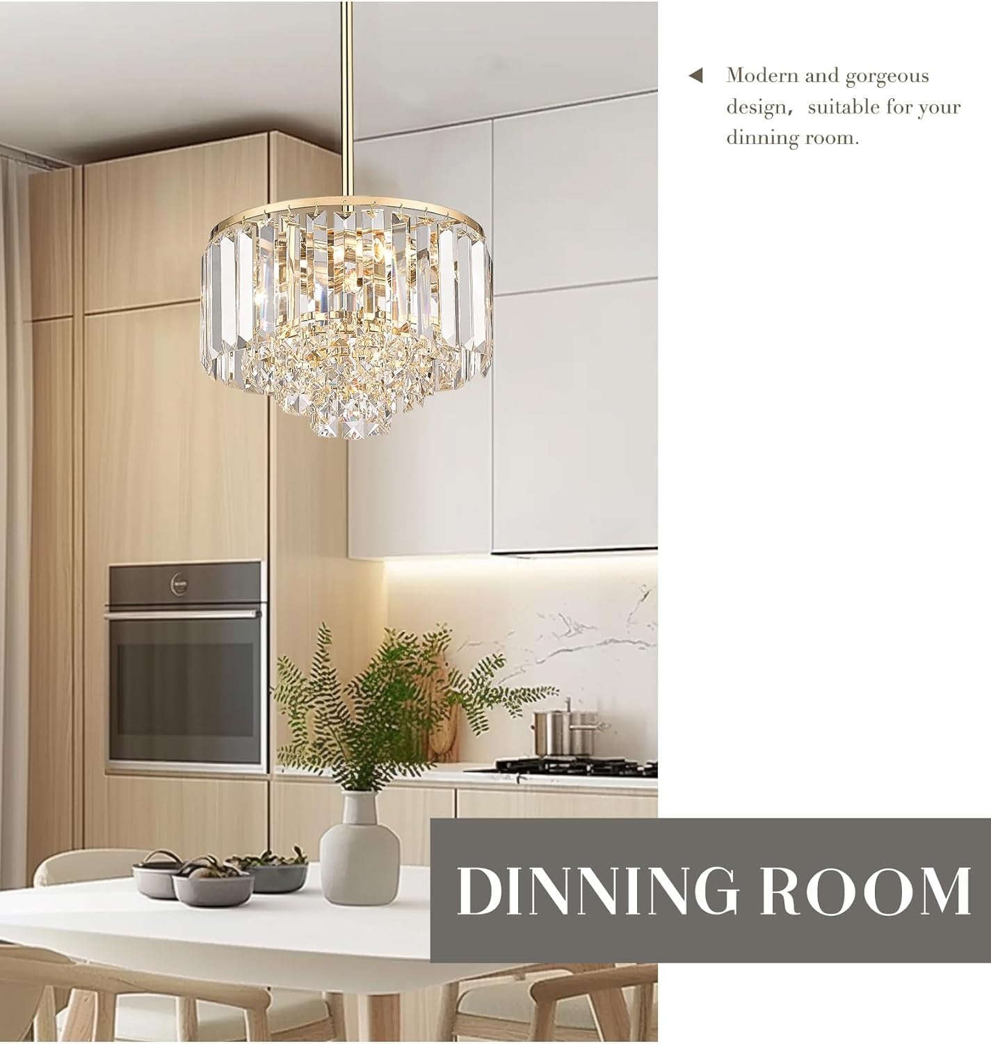 Gold Chandelier, 4-Tier Crystal Chandelier, Modern Pendant Light for Dinning Room Kitchen Island Bedroom Entryway, CC4215-3W-G