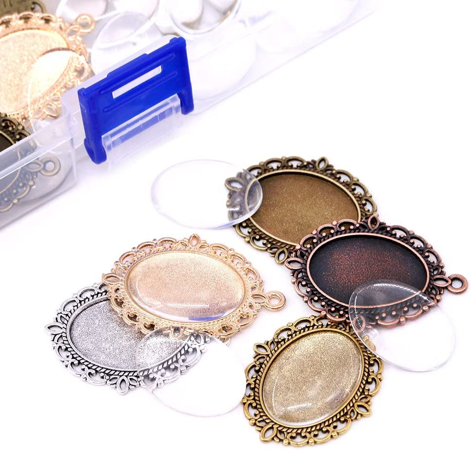 70Pcs Oval Pendant Set, 35Pcs 5 Colors Pendant Trays and 35 Pieces Bright Glass Cabochon Dome Tiles for Bracelet Necklace Crafting DIY Jewelry Gift Making