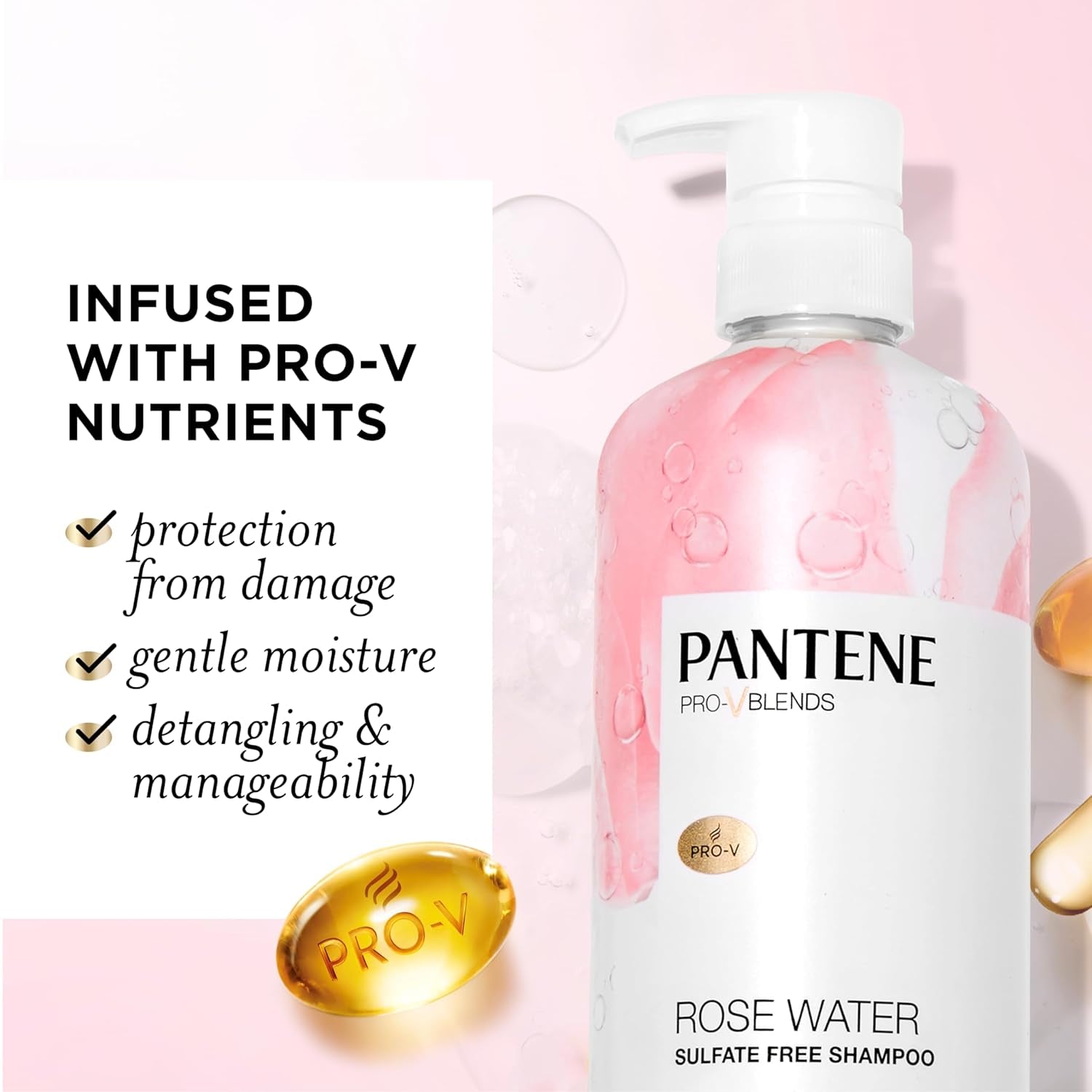 Sulfate Free Rose Water Shampoo, Soothes, Replenishes Hydration, Safe for Color Treated Hair, Nutrient Infused with Vitamin B5 and Antioxidants, Pro-V Blends, 30.0 Oz