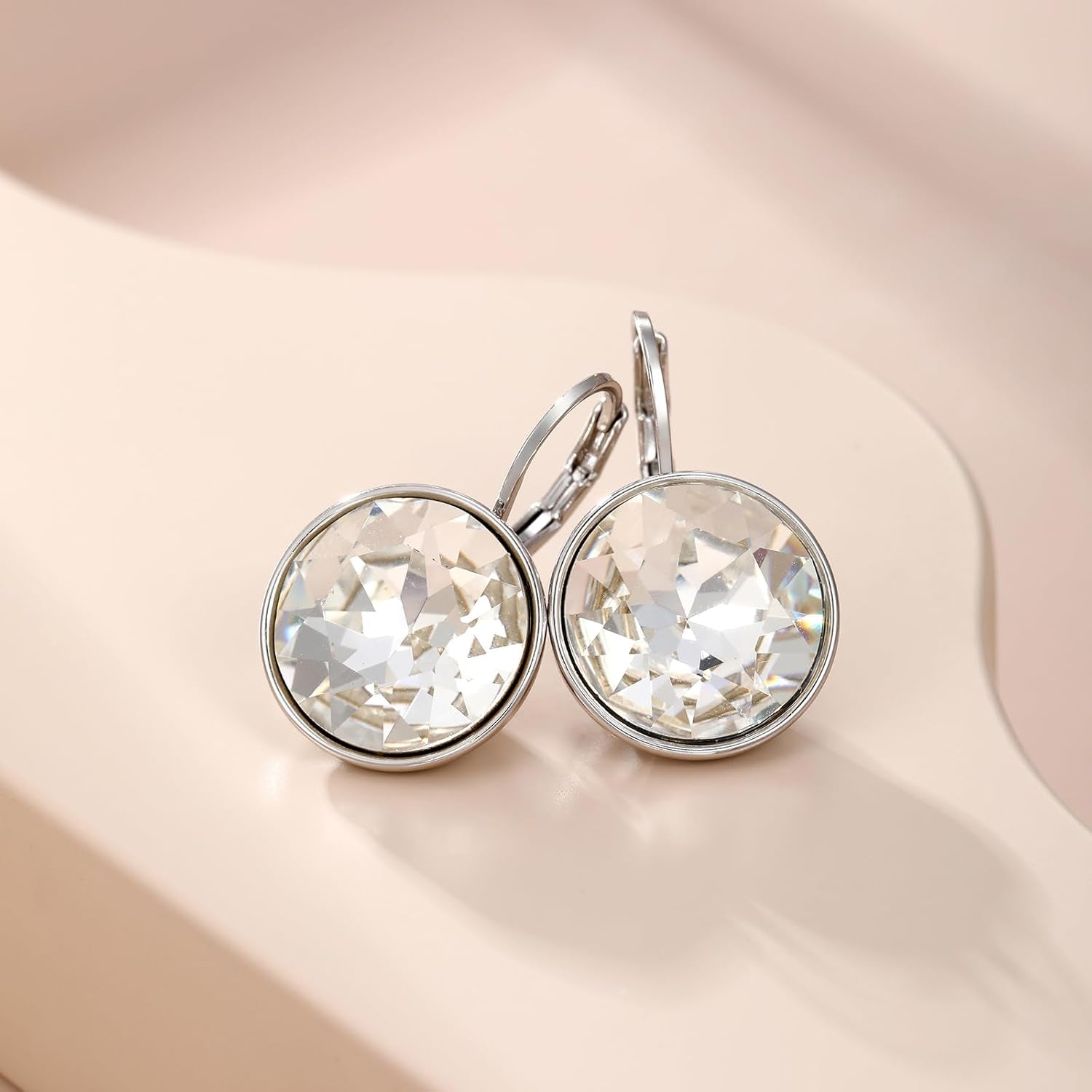 round Crystal Leverback Earrings Sparkly Elegant Austrian Crystals 18K Platinum Plated Hypoallergenic Delicate Jewelry Gifts for Women Party