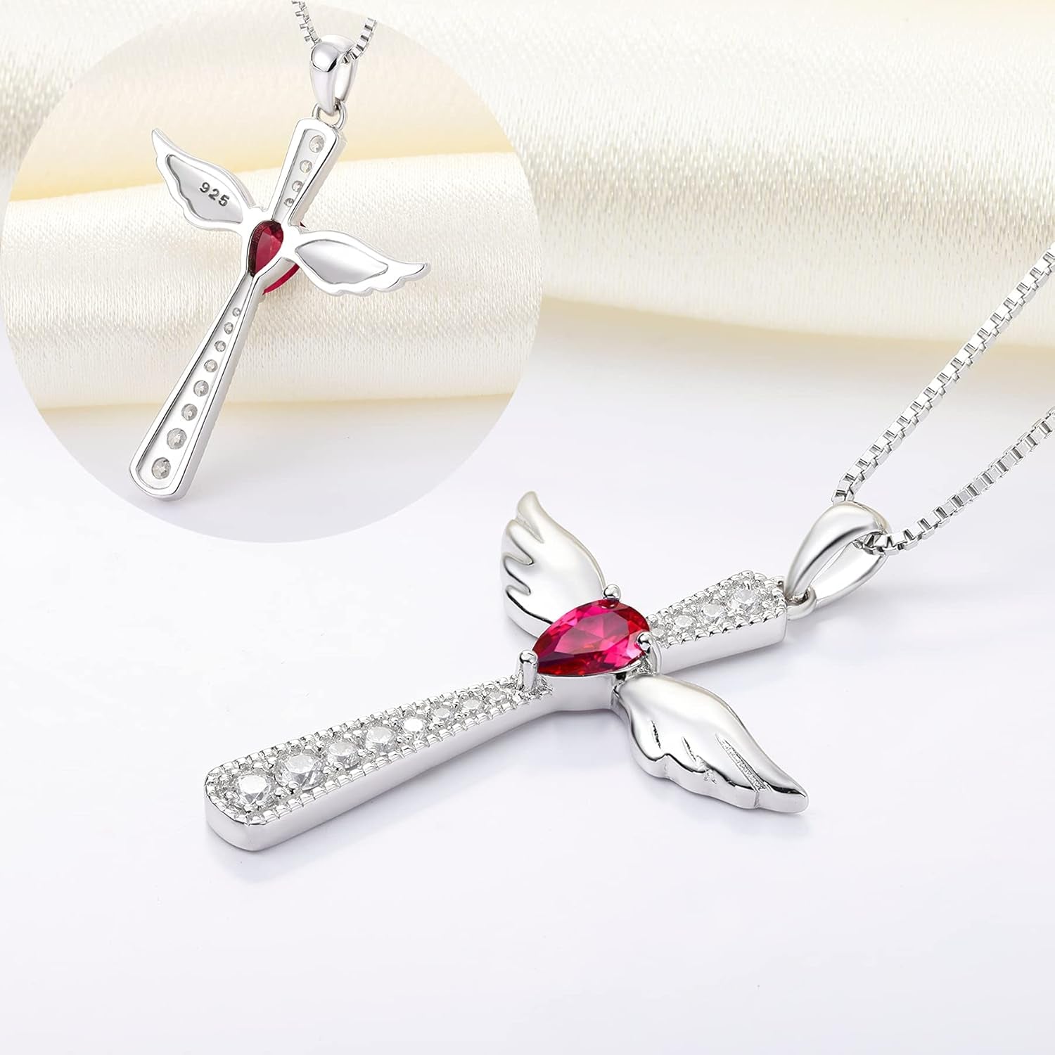 Cross Necklace 925 Sterling Silver Angel Wings Pendant Teardrop Birthstone Criss Jewelry for Women
