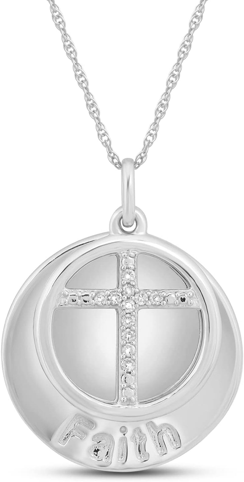 Sterling Silver round Natural White Diamonds Faith Beaded Message Cross Pendant Necklace, 18" Rope Chain