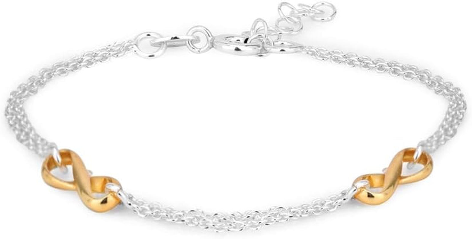 Sterling Silver - Yellow Gold & Silver Plated with 925 Stamp - Double Layered Chain & Infinity Charm Bracelet - Beautifully Handcrafted for Women - 6.5" Long + 1" Extender