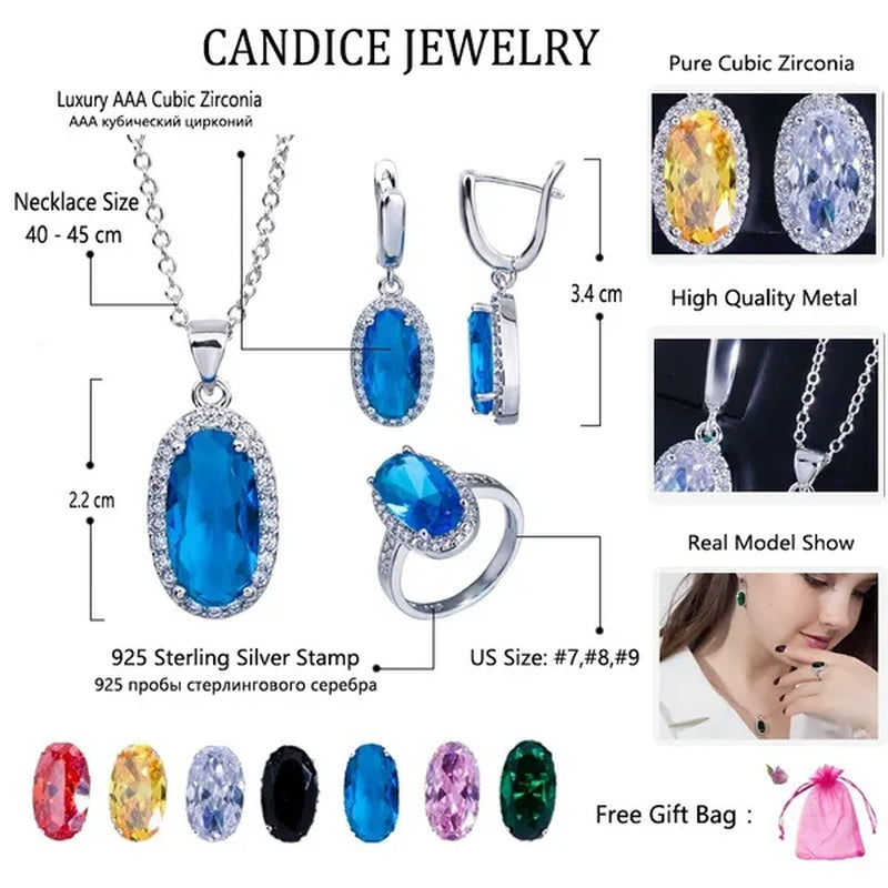 CANDICE Fashion Women Sterling Silver Plated Jewelry Sets for Girls Lovely Oval Pink CZ Stone Party Necklace Earrings Ring Set（Us 7-9)