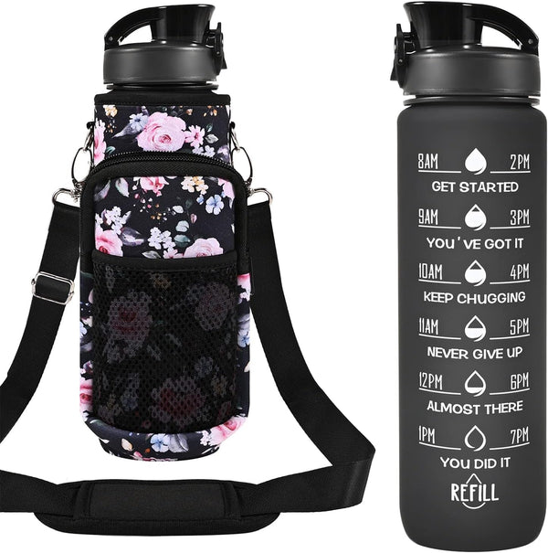32 Oz Water Bottles with Straw & Strap, Motivational Water Bottles with Times to Drink, BPA Free Reusable Sports Water Bottle with Sleeve Carrier for Hiking, Travel, Running or Fitness