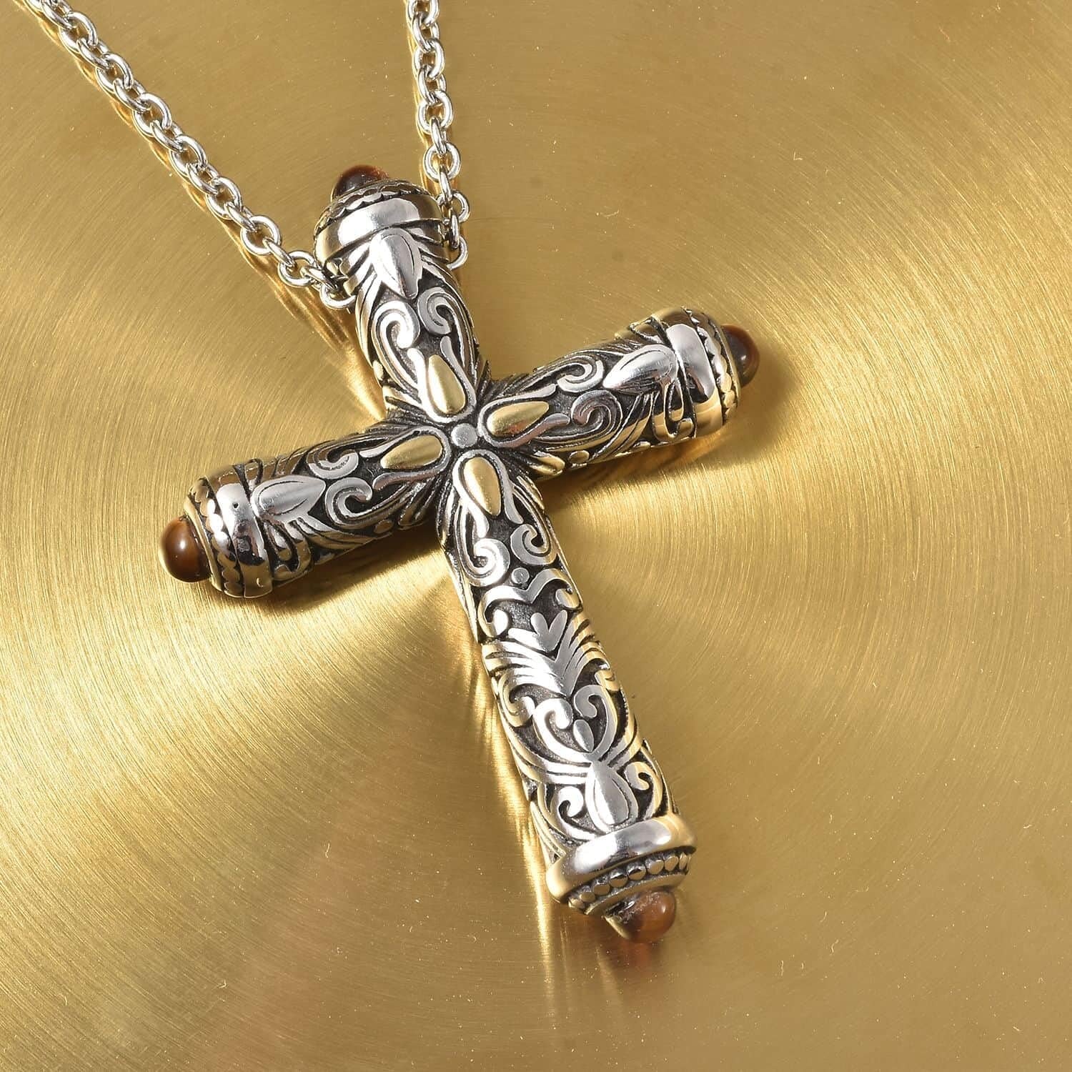 Stainless Steel Celtic Cross Necklace for Women Men Yellow Gold ION Plated Tigers Eye Stone Christian Jewelry Religious Prayer Gifts for Women Chain Size 20" Birthday Gifts