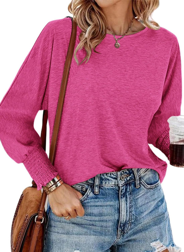 Womens Long Sleeve Tops Fall Outfits 2024 Dressy Casual Crew Neck Tee Shirts Smocked Loose Top Tunic Blouse
